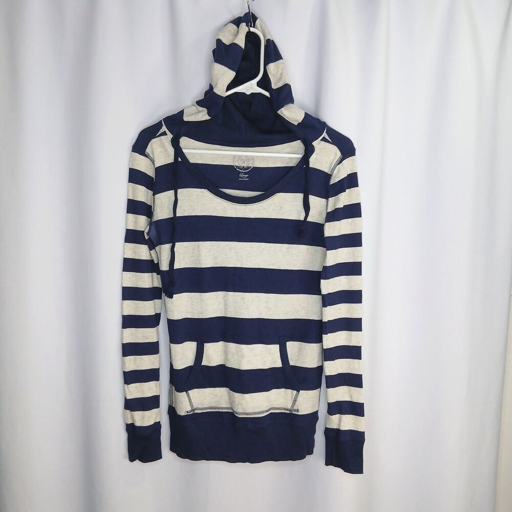 SO Waffle Knit Hoodie Cotton Top Pocket Textured Blue Stripe Juniors Large